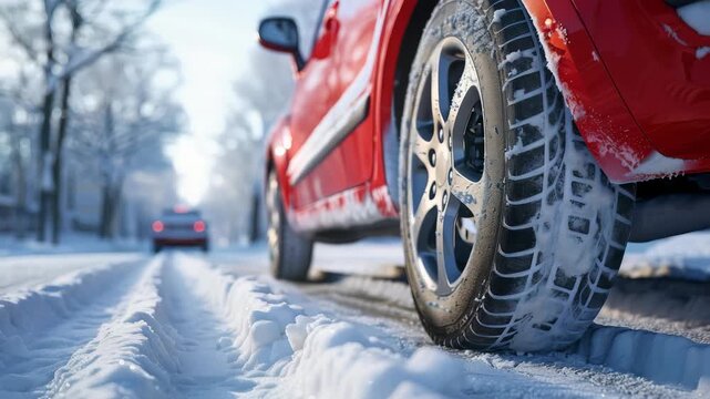 A close-up of a red car driving on a snowy road, emphasizing the tires and their tracks in the snow. Another car is visible in the distance. The scene portrays a winter setting.