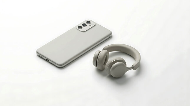 Minimalist beige smartphone and wireless headphones on a clean white surface