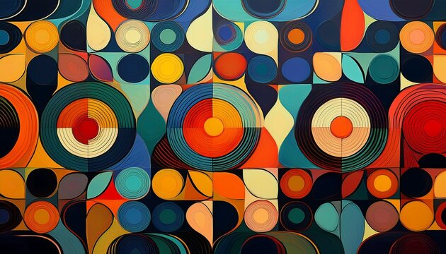 vibrant geometric pattern of circles and rounded rectangles on dark background abstract