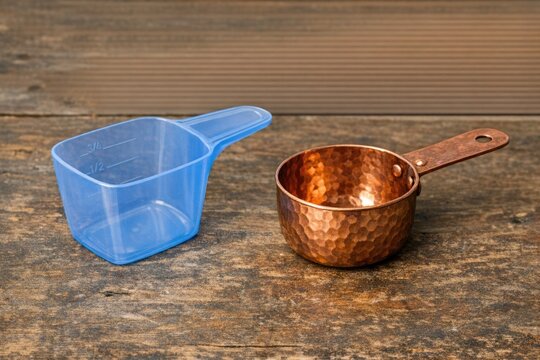 A blue and copper measuring cup side by side for comparison