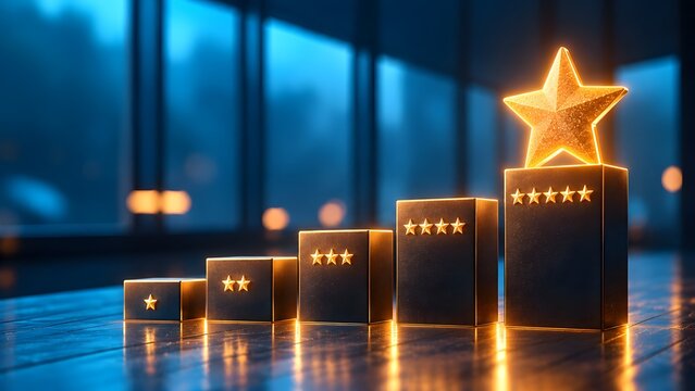 Golden Star on Upward Steps with Five Star Rating Concept of Premium Quality and Business Excellence
