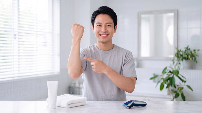 腕のムダ毛処理後の仕上がりに満足する男性、清潔なバスルームでガッツポーズ / Satisfied man showing off his smooth, hair-free arm after hair removal in a clean bathroom