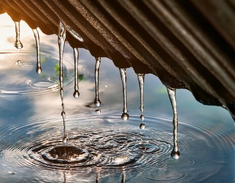 water dripping from a roof into a puddle