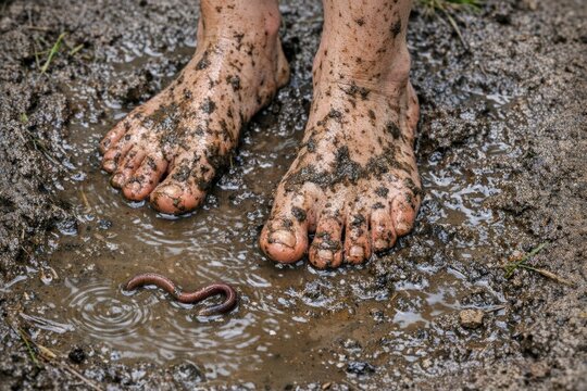 A person stands in muddy terrain with their feet buried in mud