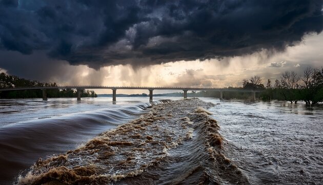 a rapidly rising river threatening to flood a bridge with dark rain clouds overhead and water surging dangerously close to the edge capturing the intensity of a natural threat