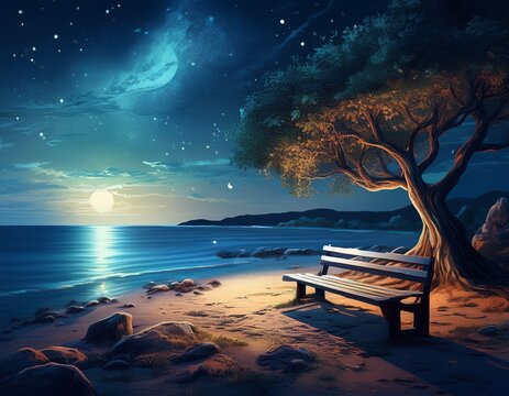 a serene beach scene at night with a bench and tree