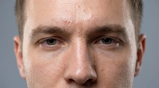 Close-up of a male face with milia and whitehead acne on forehead and nose