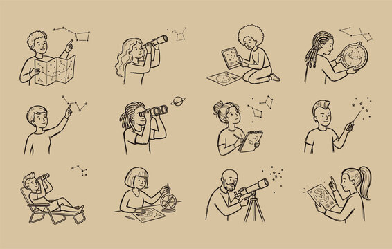 Science enthusiasts examine planet positions handle ancient astrolabes and sketch star patterns during stargazing sessions captured in doodle art