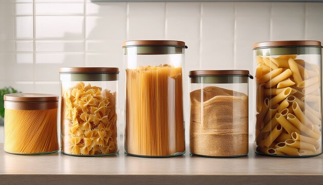 five various types of dry pasta in transparent packaging on kitchen counter