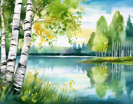 summer watercolor landscape with birch trees and lake