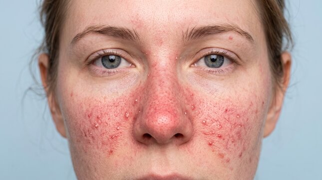 Portrait of a woman with severe rosacea and pustular acne on her face