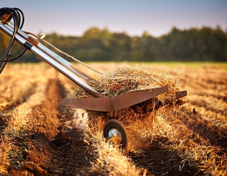 metal gardening tool tilling soil and straw in a farm field
