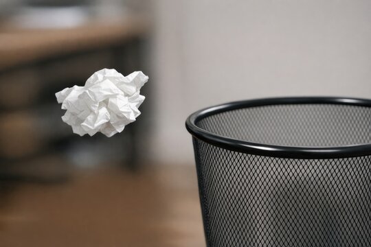 A discarded piece of paper in a trash can, with creases and folds