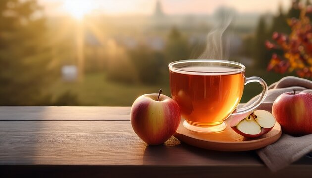 cup of delicious hot tea with apples in soft morning light serene and peaceful shallow field of view with copy space