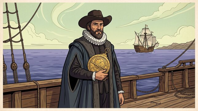 An illustrated portrait of a 16th-century explorer wearing a doublet and a ruff collar, holding an astrolabe on the wooden deck of a sailing ship at sea with a galleon in the background.