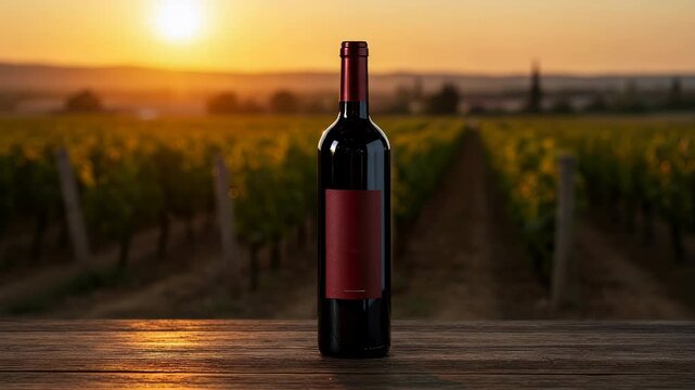 Red wine bottle mockup on wooden table in vineyard at sunset. Alcohol drink branding design template with grape farm background. Natural agricultural product.