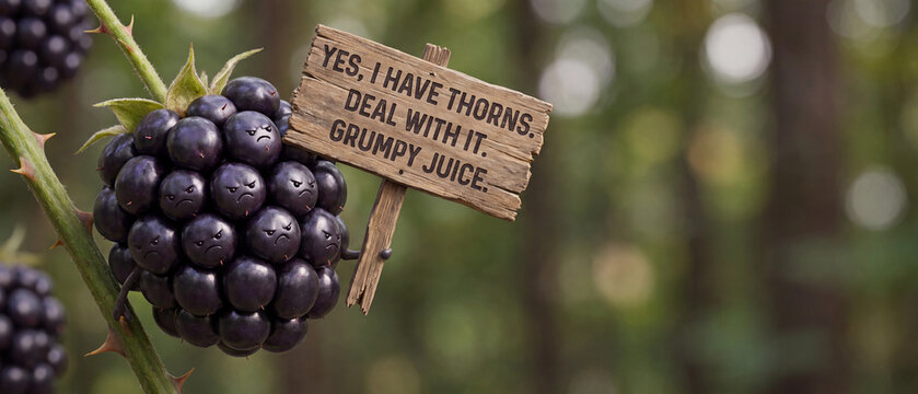 Grumpy blackberry fruit with a funny wooden sign that says yes i have thorns deal with it grumpy juice