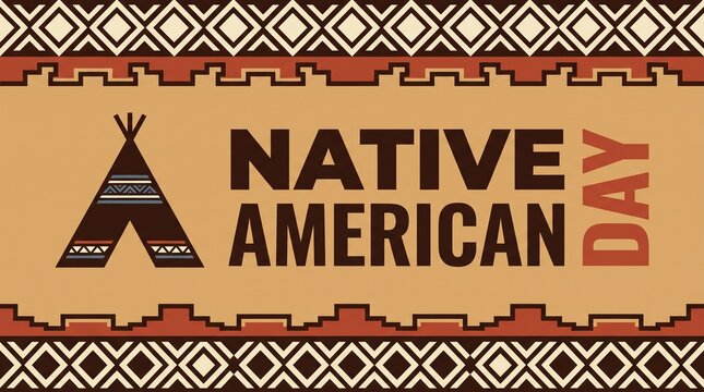 Graphic design for Native American Day featuring a stylized teepee icon, bold typography, and traditional geometric tribal patterns in earthy tones of brown, tan, and terracotta.