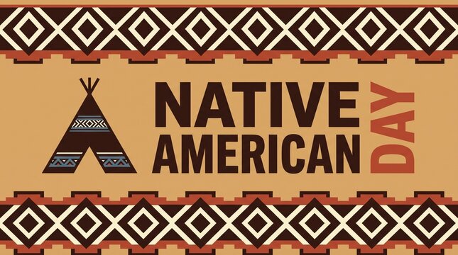 A graphic design celebrating Native American Day, featuring the text 'Native American Day' alongside a stylized tipi icon and repeating traditional geometric tribal patterns on a tan background.