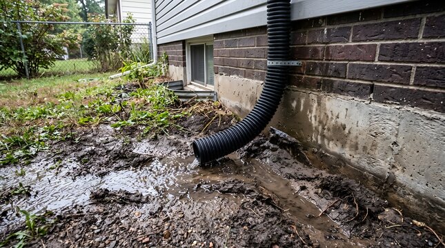Sump Pump Discharge Pipe Misaligned Draining Beside House Foundation Wet Soil And Visible Erosion Outdoors