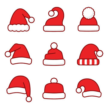 3X3 ICON SETT , no text,NO GRADASI > **Santa Claus Hat icon set, 3x3 grid composition, nine unique Christmas Santa hat icons, each icon with a completely different silhouette and design variation, cla