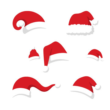 3X3 ICON SETT , no text,NO GRADASI > A clean collection of stylish Santa Claus hats, flat vector illustration, five uniquely shaped Christmas hats arranged horizontally, each hat featuring a distincti
