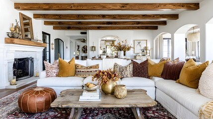 Obraz premium living room with rustic wooden beams, comfortable sofa, decorative pillows, vintage accessories, warm fireplace, charming home decor ambiance