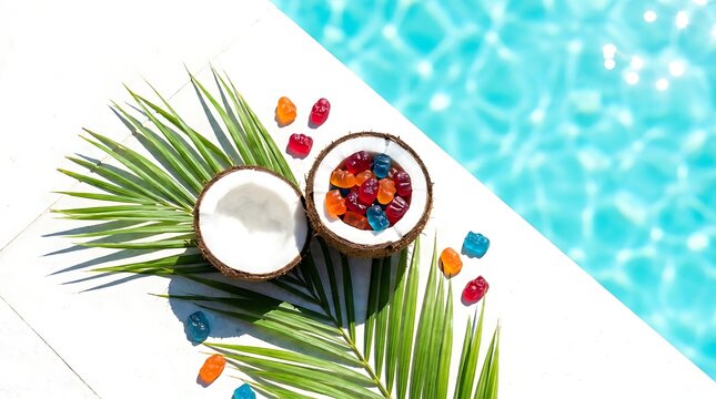 Coconut filled with colorful gummy bears by a swimming pool for a fun sweetest day celebration concept