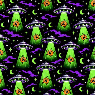 Cute Halloween UFO Seamless Pattern with Scared Pumpkin Abduction in Space