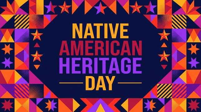 Vibrant and Geometric Native American Heritage Day Celebration Graphic with Colorful Mosaic Border Pattern and Decorative Stars on a Dark Blue Background