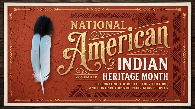 A stylized graphic poster for National American Indian Heritage Month featuring elegant typography, a decorative border, and a large eagle feather on a textured terracotta background.