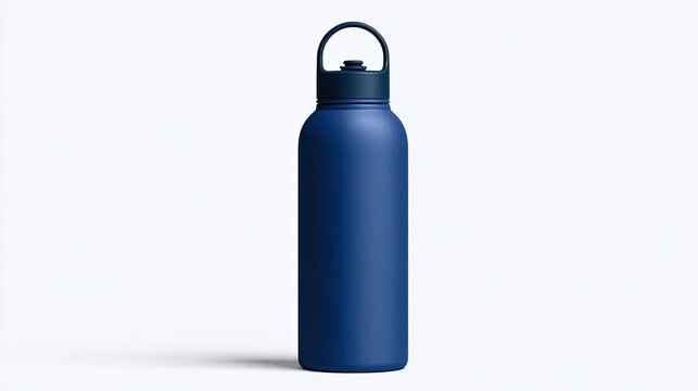 Deep blue reusable water bottle with a dark blue lid and a loop