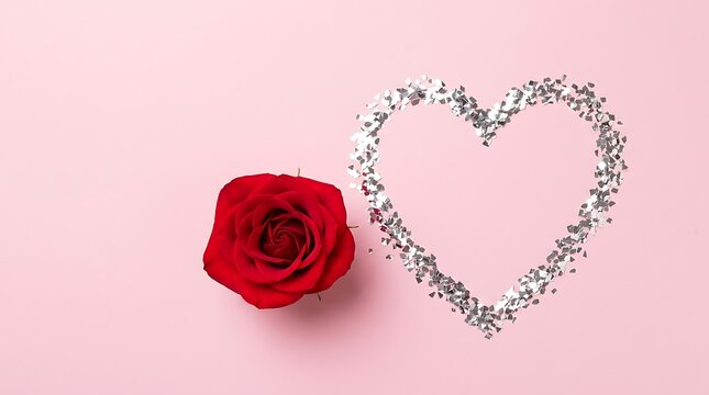 Beautiful red rose and a heart shaped frame made of silver confetti for sweetest day celebration