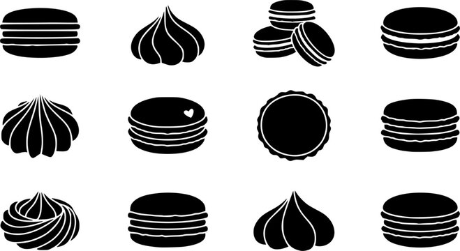 Macaron & Meringue Silhouette Icon Set. Collection of food & culinary silhouettes, including macaron & meringue, detailed dessert and sweets shapes, and more.