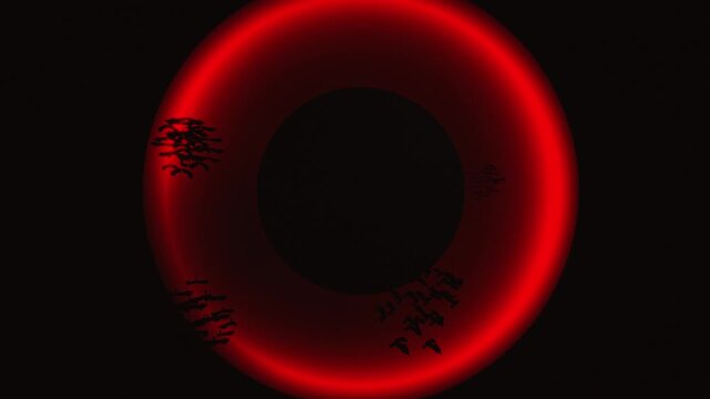 Red eclipse ring glows around dark center as silhouette bats fly in a circular mystical portal in a spooky 3D motion background