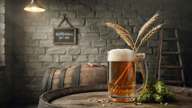 Traditional Beer Mug, Wooden Barrel, Stone Wall Background. Craft Ale, Hops, and Wheat Stalk. Pub Atmosphere, Handcrafted Brewery Ingredients.