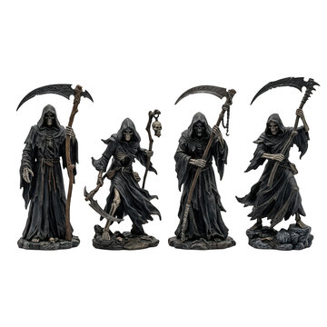 Four detailed grim reaper figurines with scythes standing in a row