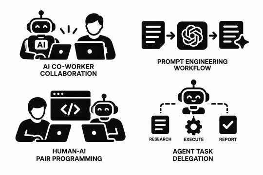 Set of monochrome icons illustrating professional workflows and collaborative processes involving artificial intelligence and machine learning
