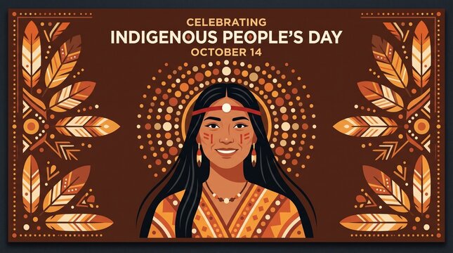A vibrant digital illustration celebrating Indigenous People's Day, featuring a portrait of an Indigenous woman adorned with traditional patterns, feathers, and a glowing halo on a brown background.