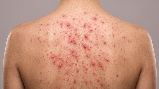 Rear view of human back covered with severe cystic acne and pimples