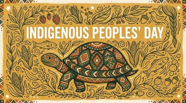 Illustrated Turtle Design for Indigenous Peoples' Day Celebration with Traditional Folk Art Patterns, Corn Stalks, and Floral Motifs in a Warm Earthy Gold Color Palette