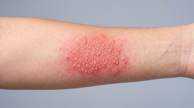 Macro view of clustered vesicles and painful blisters on human forearm