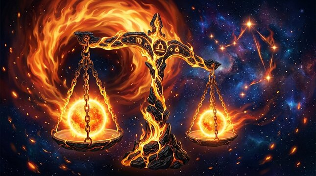 Libra Zodiac Fire Scales of Justice Celestial Astrology Constellation Forged in Magma and Molten Gold
