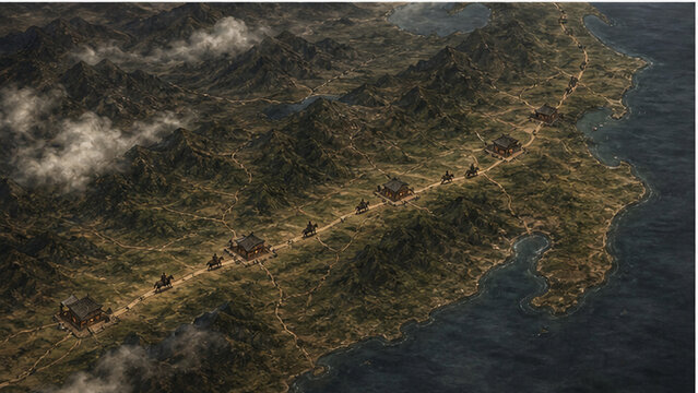 Illustrated mountain landscape with roads and courier routes