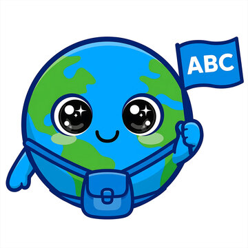 Cute Kawaii Planet Earth Character with ABC Flag Vector | Back to School Globe Mascot