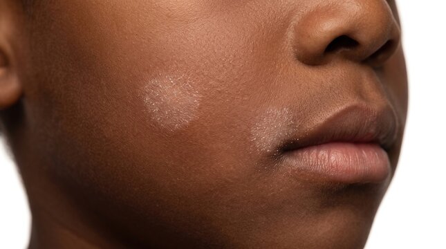 Close up of dark skin child cheek showing circular scaly white patch indicating pityriasis alba or tinea corporis fungal infection