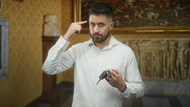 Man holding car keys while points finger to temple in ornate museum building, furrowed brow and hesitant expression; confusion decision.