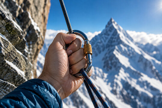 Close-up of a climber securing a climbing rope with a metal carabiner against a dramatic snowy mountain landscape, symbolizing mountaineering, adventure and safety