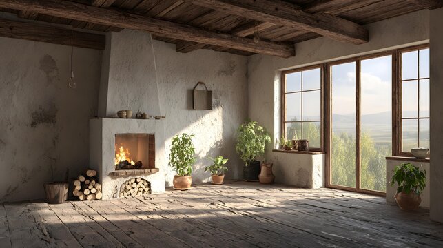 interior featuring reclaimed wood furniture, decorative lanterns, vintage accessories, cozy home decor charm, warm lighting