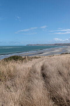 Narrow coastal path through dry summer grass overlooking the sea near Cap Gris Nez on the Opal Coast in northern France coast